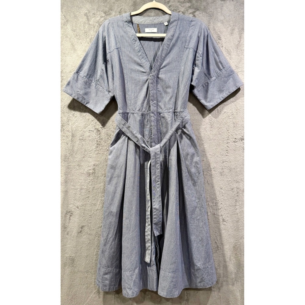 Billy Reid Womens Blue White Striped Cotton V-Neck Belted Midi Dress XS Pocket - Picture 1 of 9